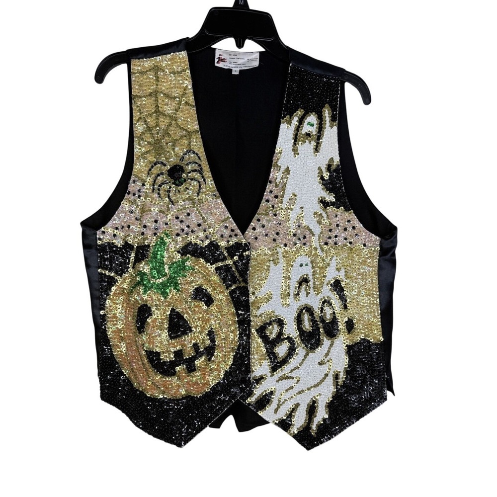 Vintage Halloween Sequin Vest Size Large Ghosts Pumpkin Spider Bling